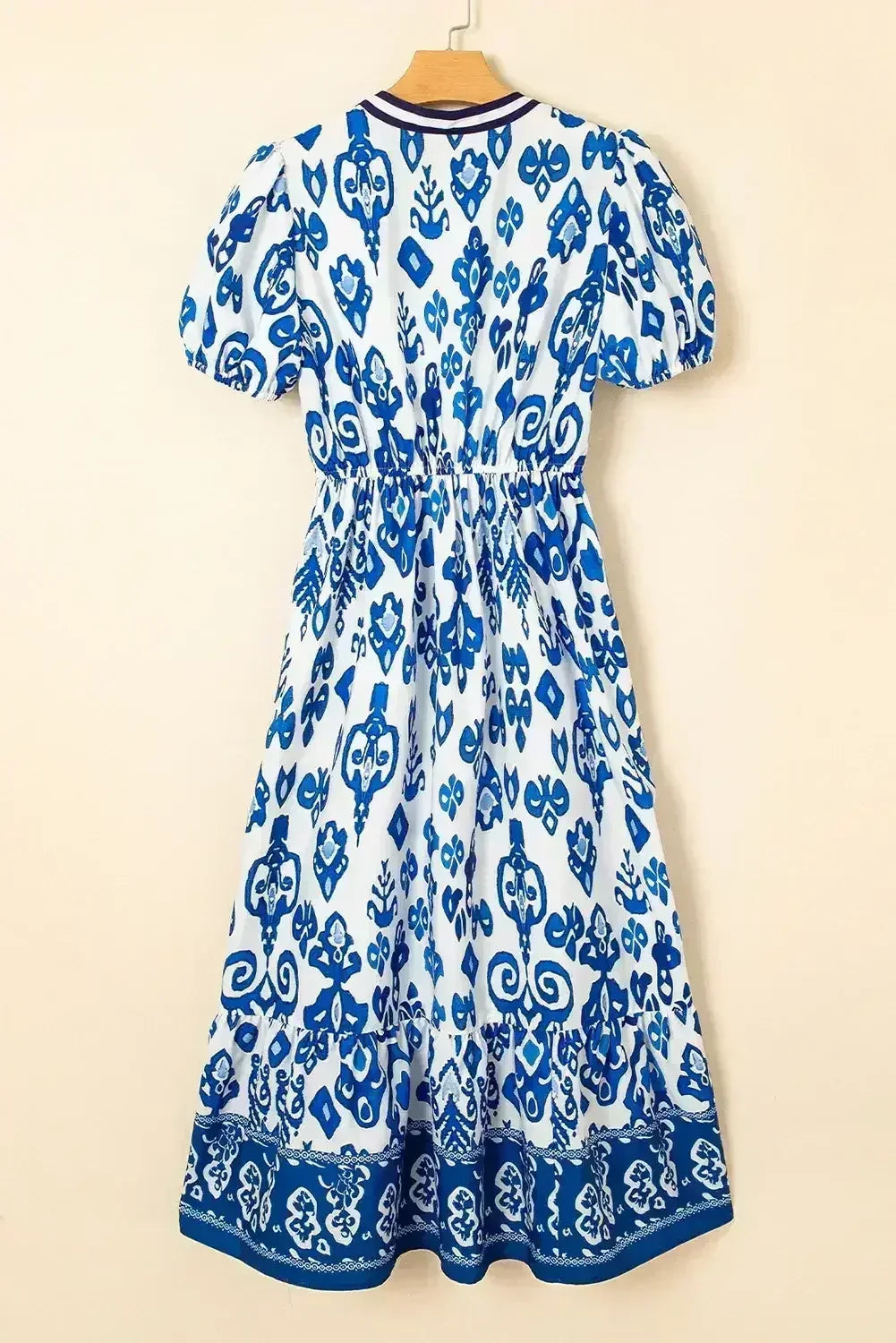 Blue Floral Ruffle Hem Pop of Color Neckline Dress