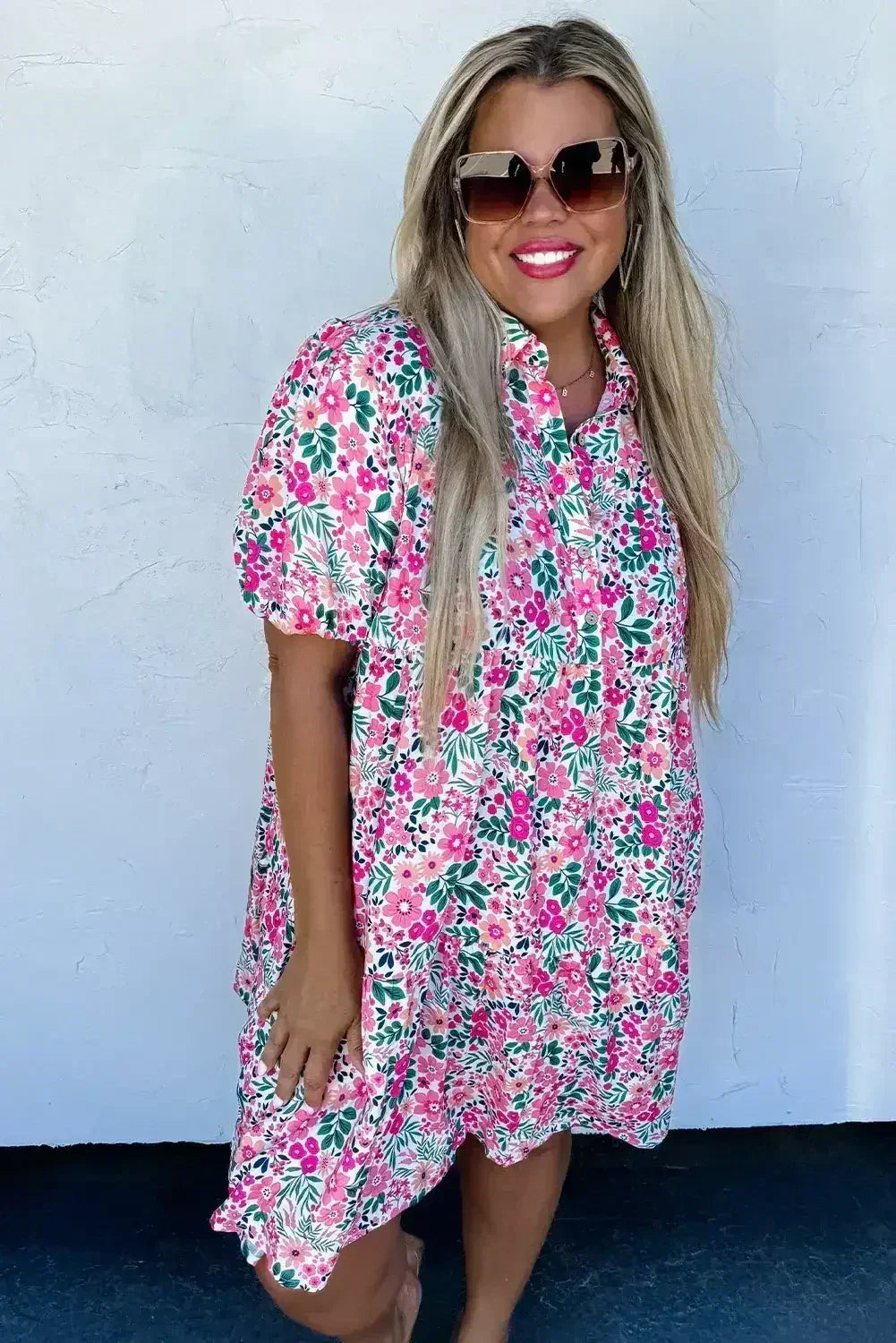 Pink Plus Size Floral Half Button Puff Sleeve A Line Dress
