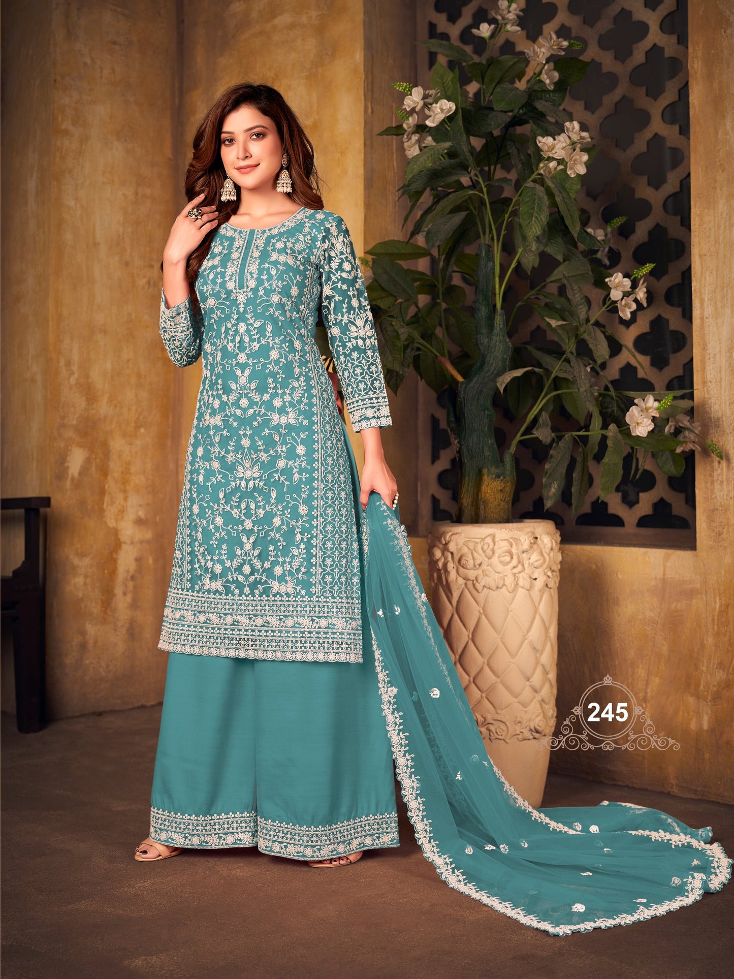 Pakistan Designer Wear Net Teal Blue Straight Cut Palazzo Style Suit