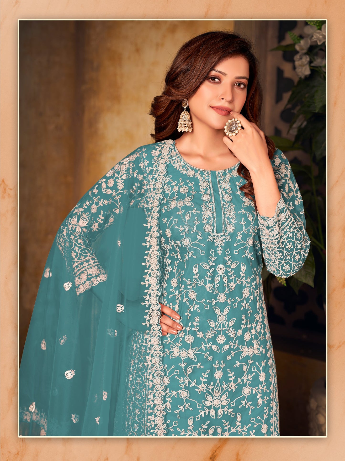 Pakistan Designer Wear Net Teal Blue Straight Cut Palazzo Style Suit