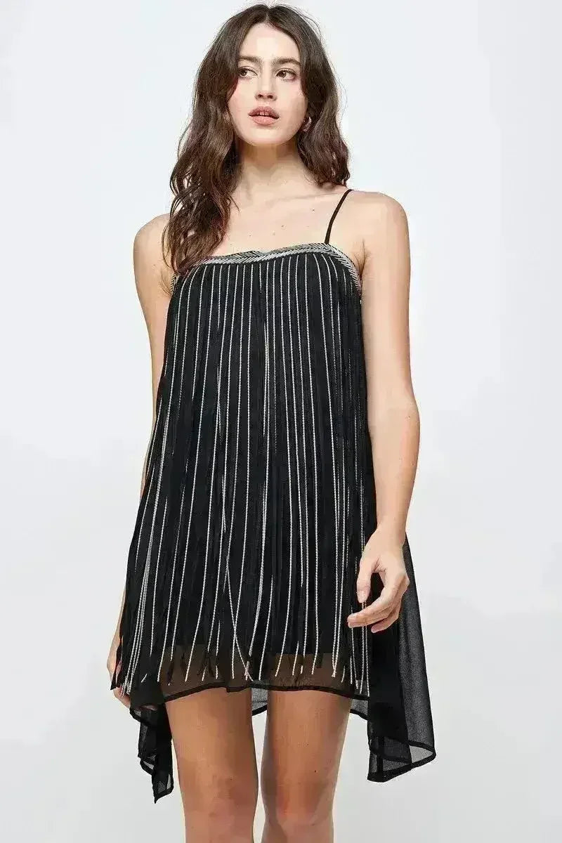 Metallic Fringe Sleeveless Mini Dress Flow - Femstylo