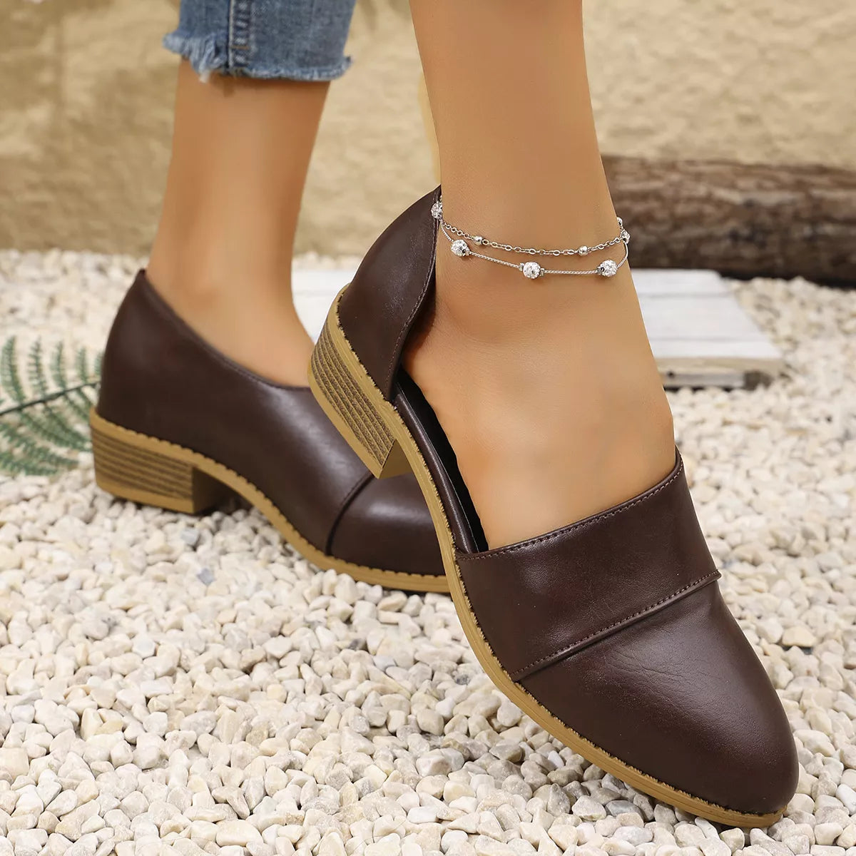 Point Toe Block Heels Loafers PU Leather Low Heel Shoes