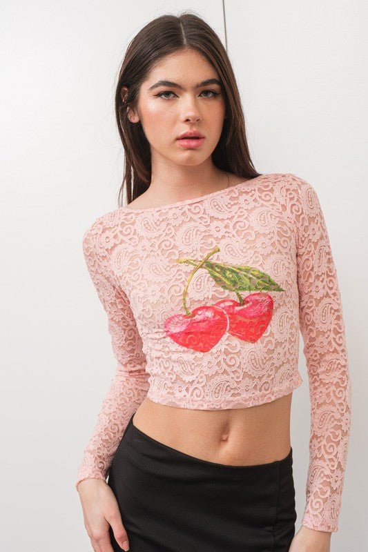 Put a cherry on top lace graphic long sleeve crop top