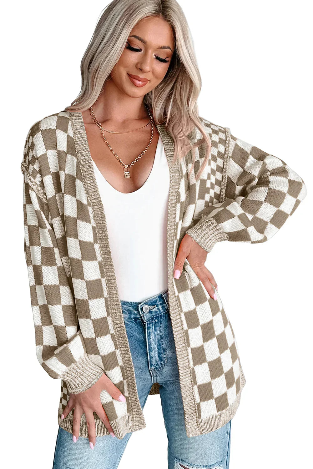 Orange Checkered Open Front Drop Shoulder Cardigan