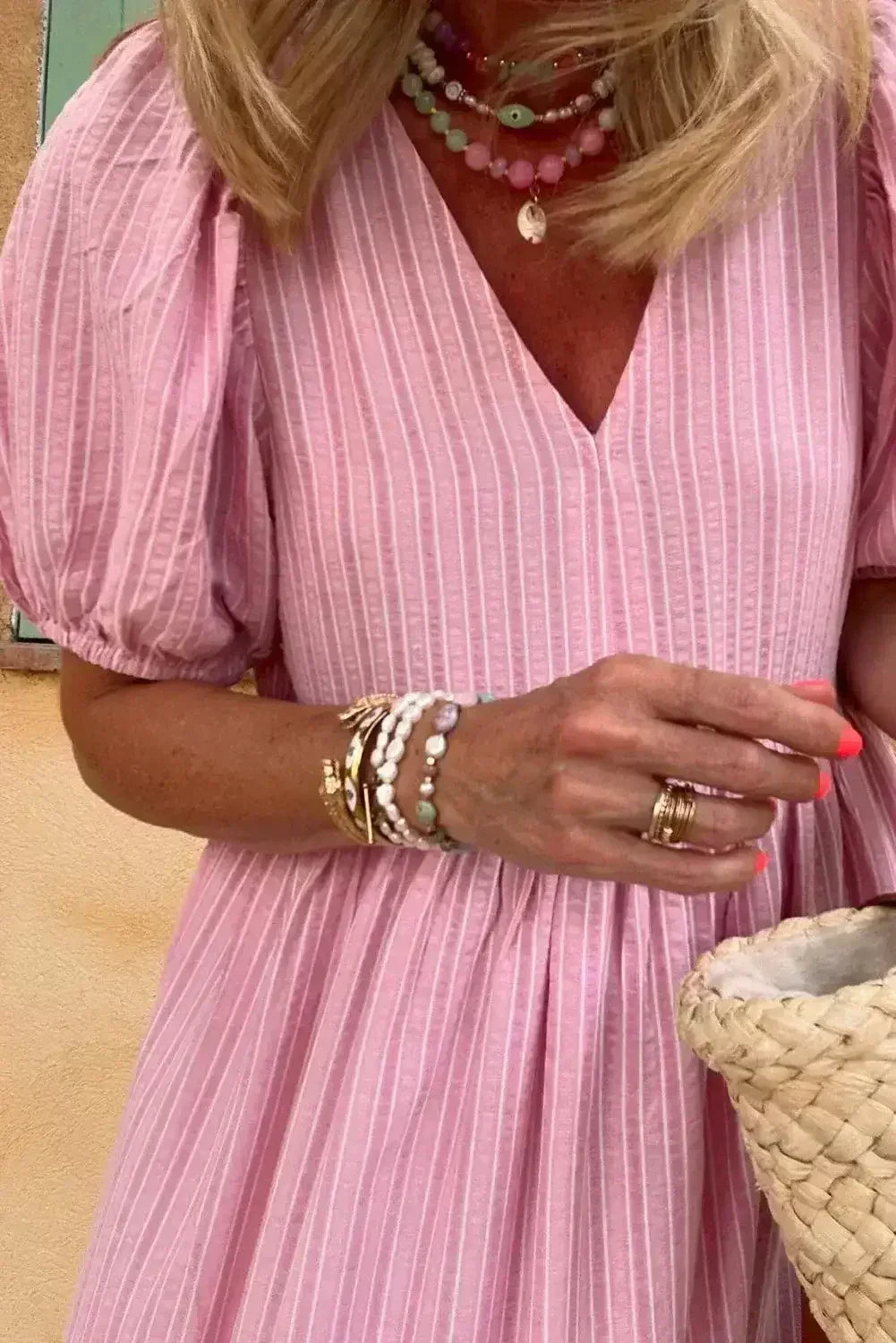 Pink Striped V Neck Puff Sleeve Frill Tiered Maxi Dress