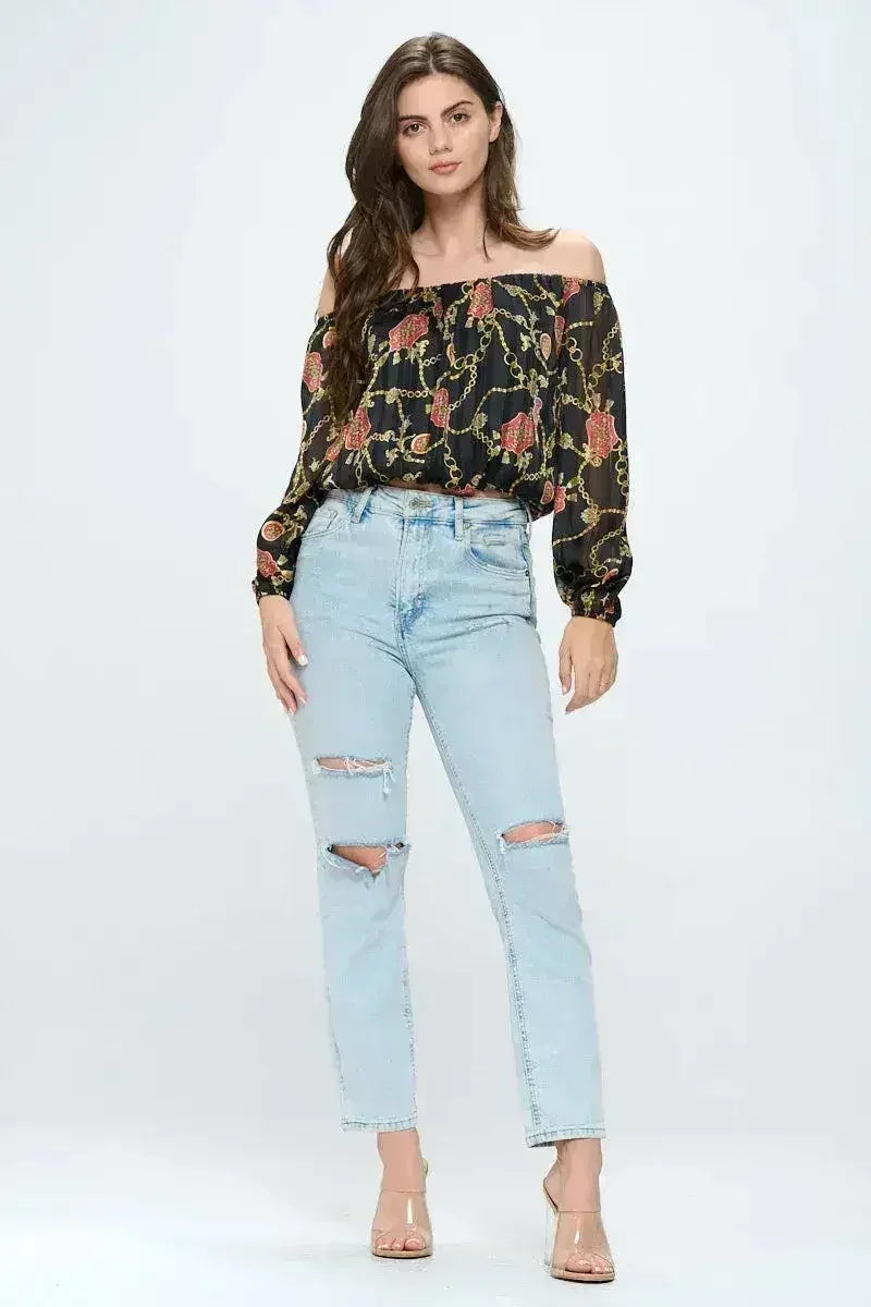 Off-Shoulder Chain Print Crop Top - Red & Black Chiffon Blouse - Femstylo