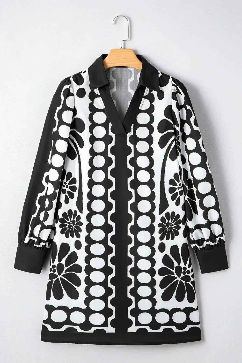 Black Abstract Print V Neck Puff Sleeve Mini Dress