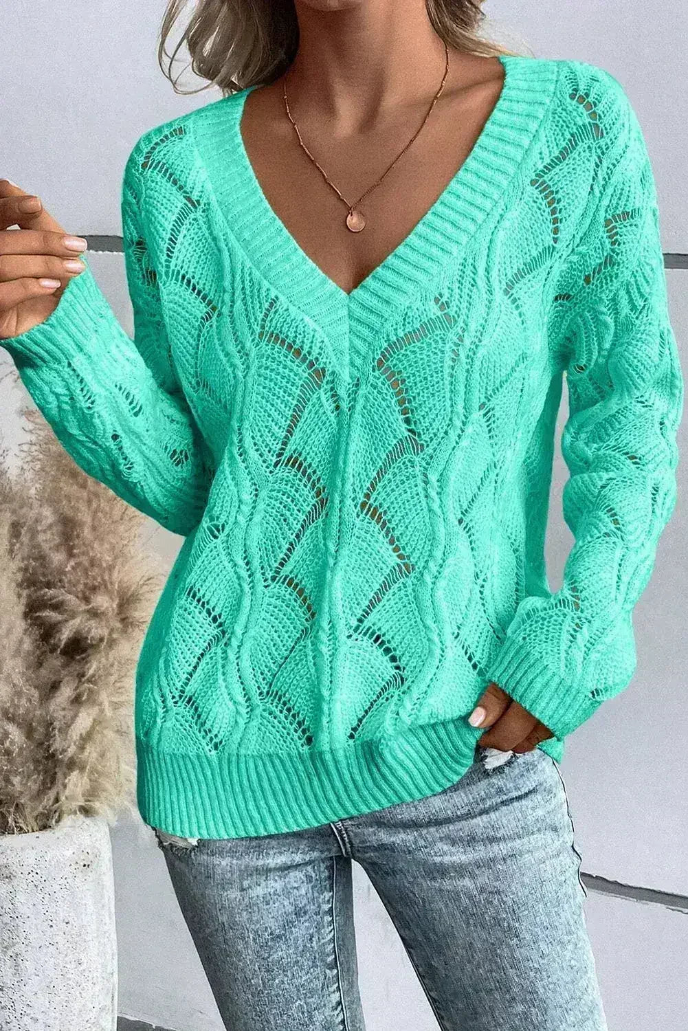 Mint Green Hollow Out Knit V Neck Drop Shoulder Sweater