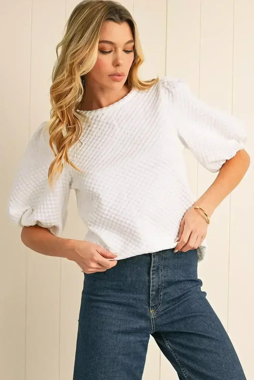 Phalaenopsis Solid Textured O Neck Puff Sleeve Blouse | Femstylo
