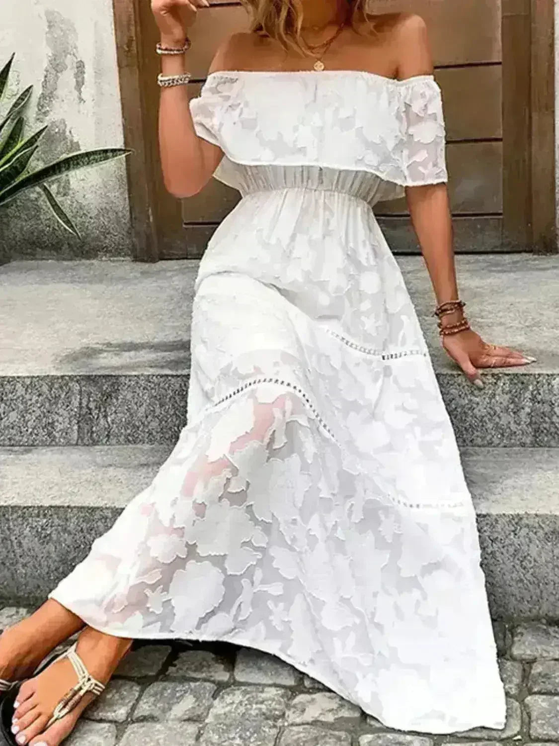 Off-Shoulder Short Sleeve Maxi Dress