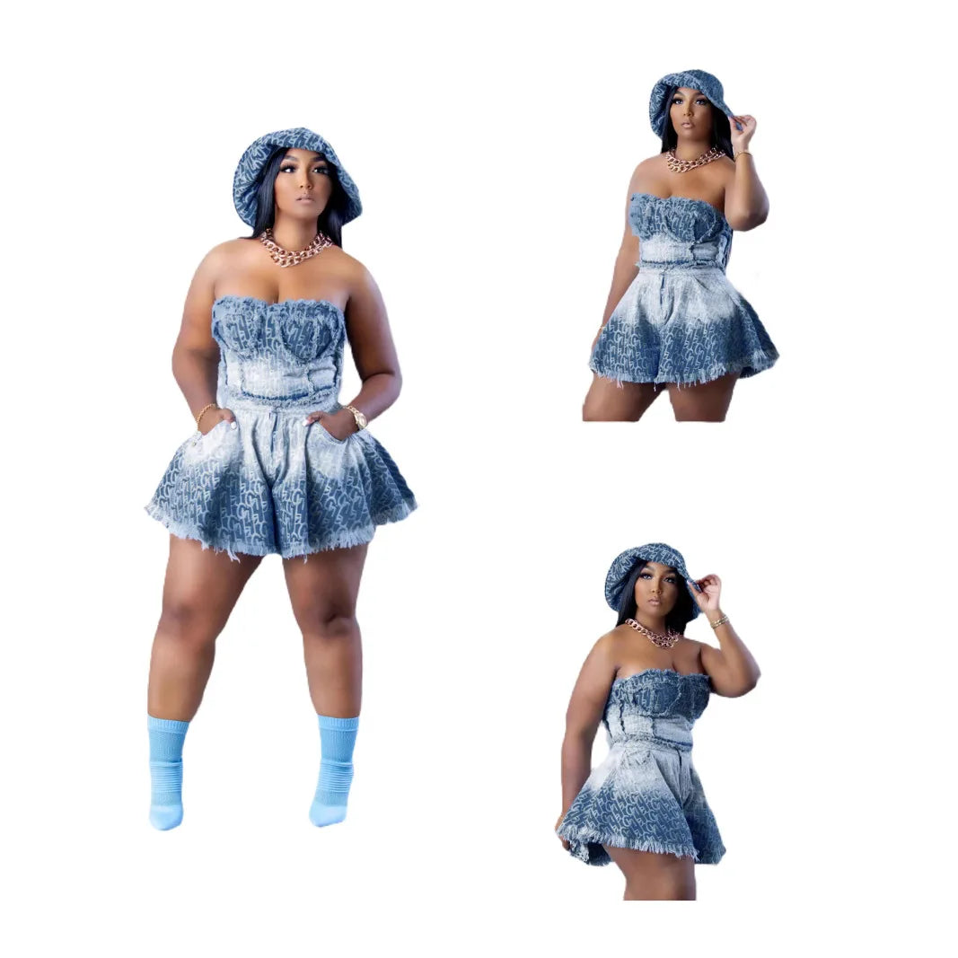 Denim Women Skirts Suit Sexy Strapless Short Tops Print Ensemble Backless Pockets Hem Skirt Female Streetwear 2 Piece Sets