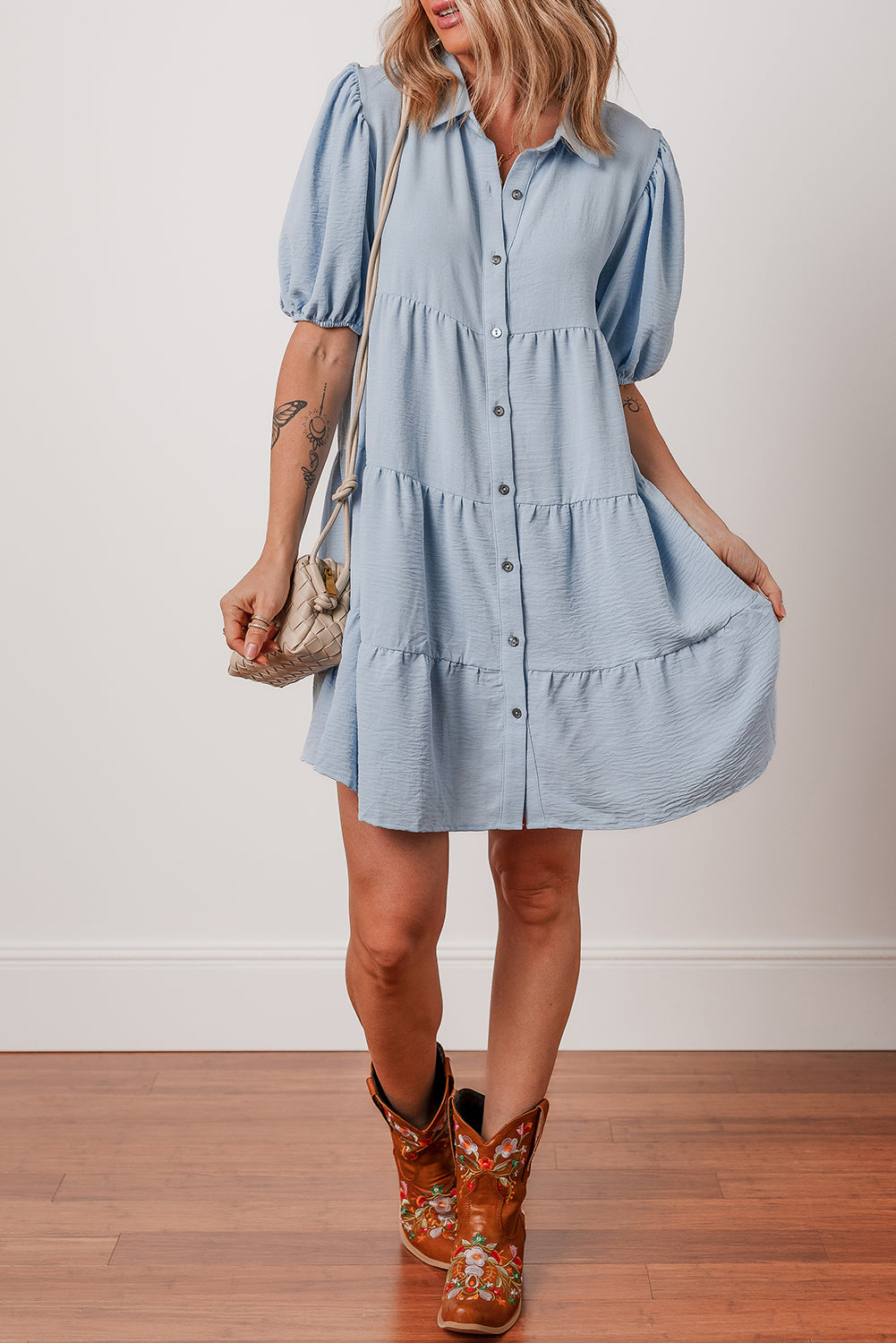 Arya Shirt Collar Button Up Puff Sleeve Tiered Dress