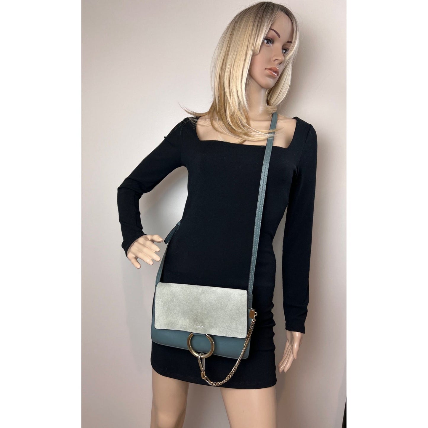 Chloe Faye Chain Suede Leather Gray Blue Crossbody Bag
