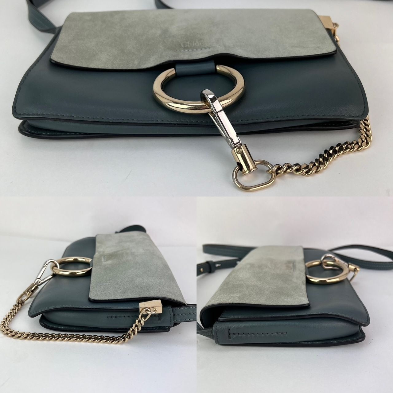 Chloe Faye Chain Suede Leather Gray Blue Crossbody Bag