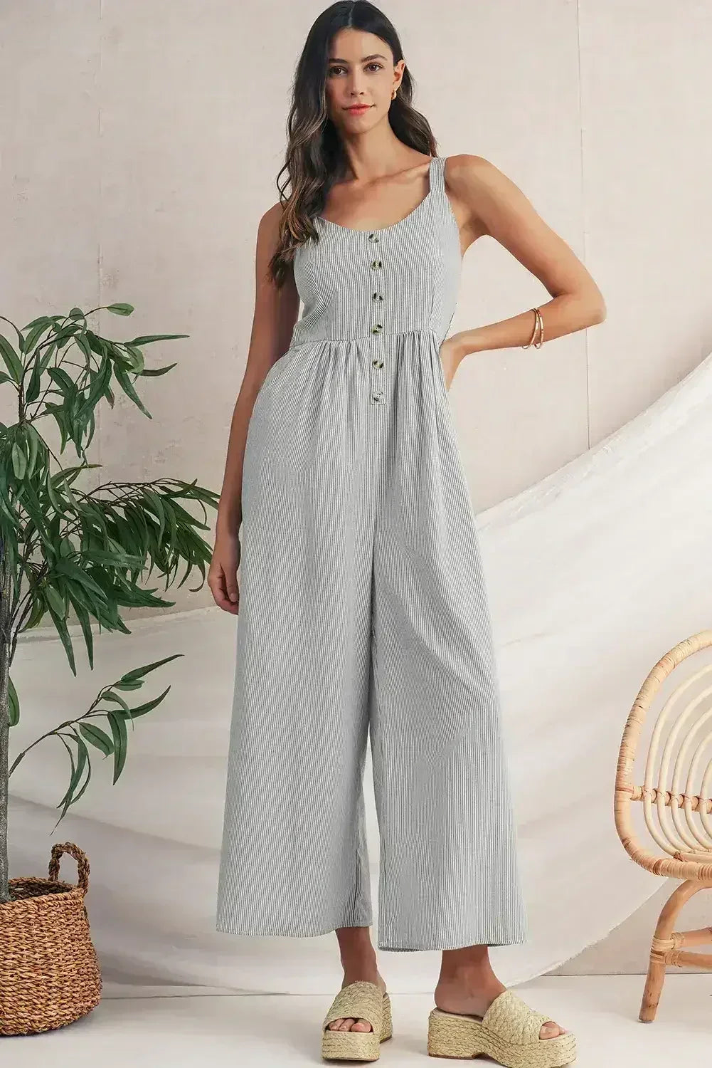 Black Stripe Half Buttoned Sleeveless Wide Leg Jumpsuit