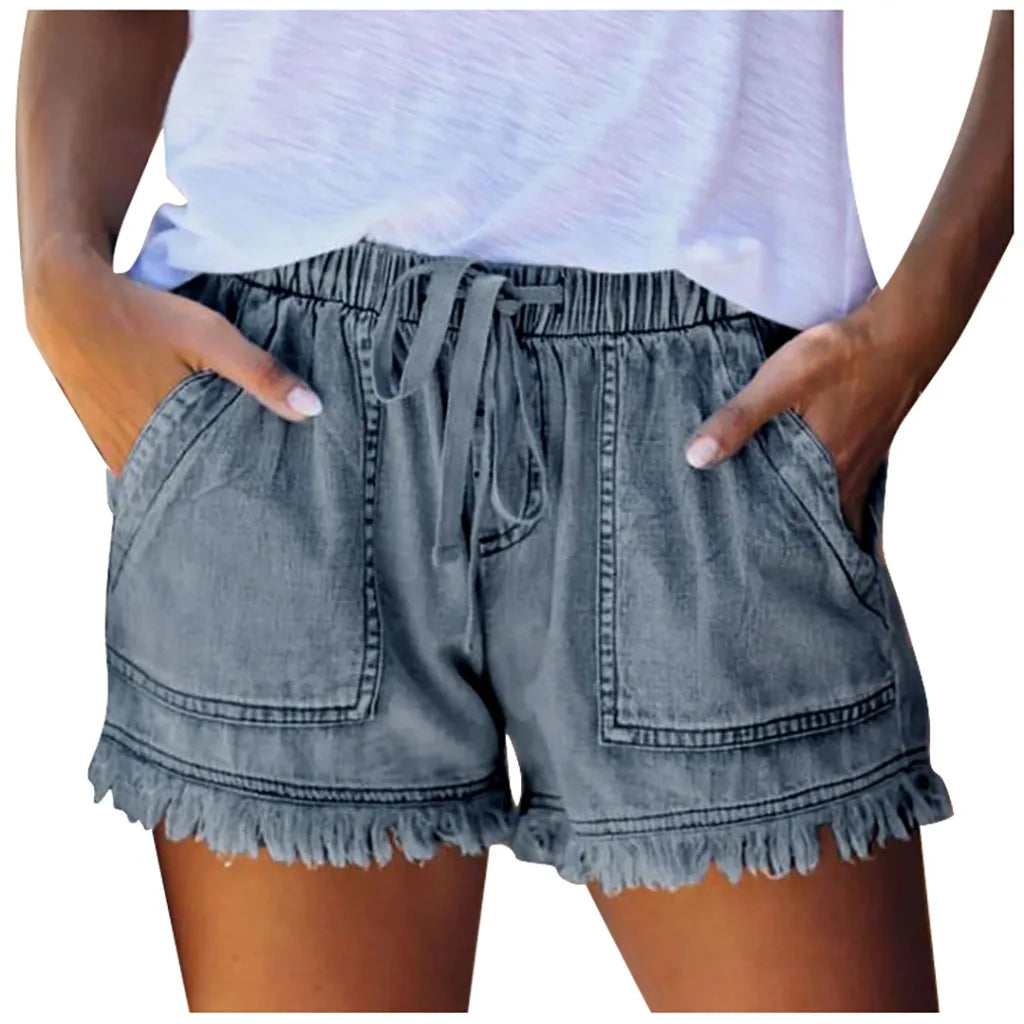 Jean Shorts for Women's Drawstring Elastic Waisted Casual Denim Shorts with Pocket Tassel Hem Soft Summer Trendy Jeans