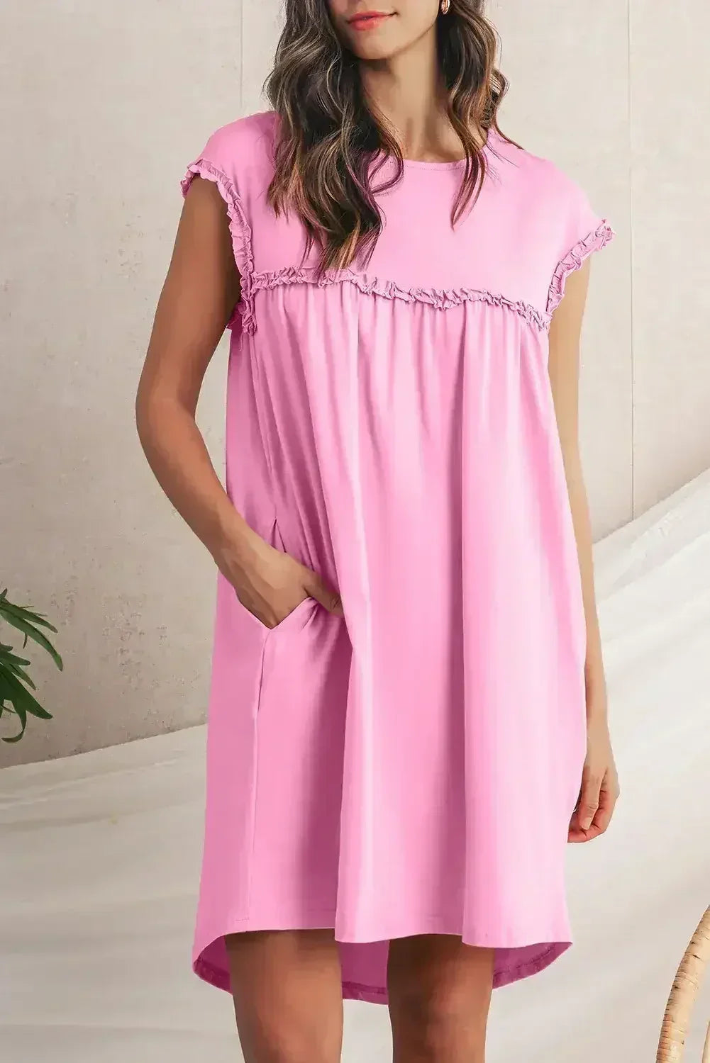 Oatmeal Frilled Trim Crewneck Loose Fit Mini Dress