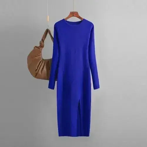 Autumn And Winter Long Sleeve Knitted Backless Round Neck Dress