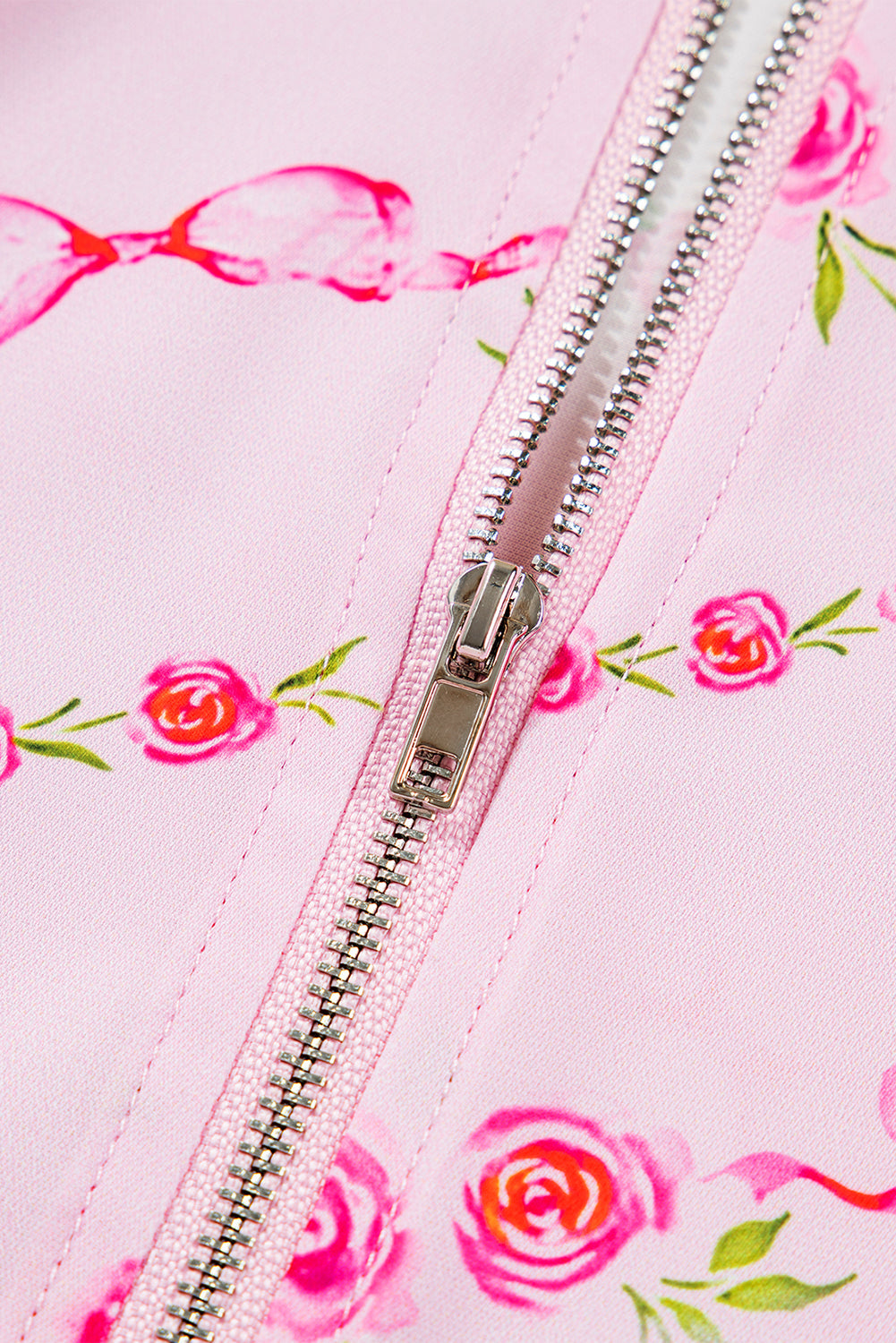 Pink Floral Print Half Zip Drawstring Hoodie Kangaroo Pouch