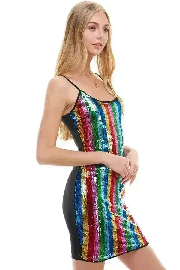 Multicolor Sequin Striped Mini Dress with Spaghetti Straps