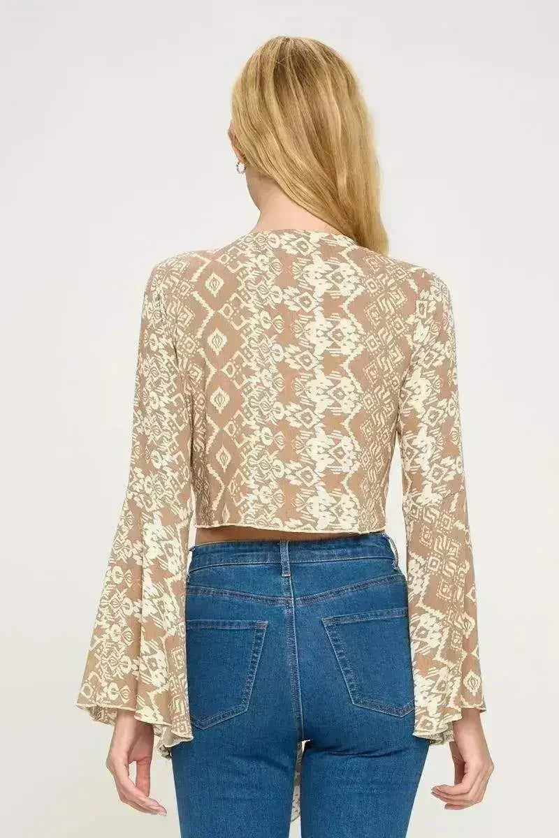 Boho Bell-Sleeve Crop Top | Floral Tie-Front | Sizes S-XL | Femstylo