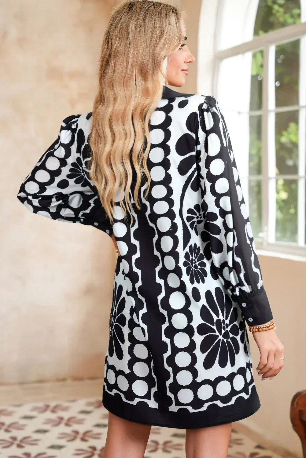 Black Abstract Print V Neck Puff Sleeve Mini Dress