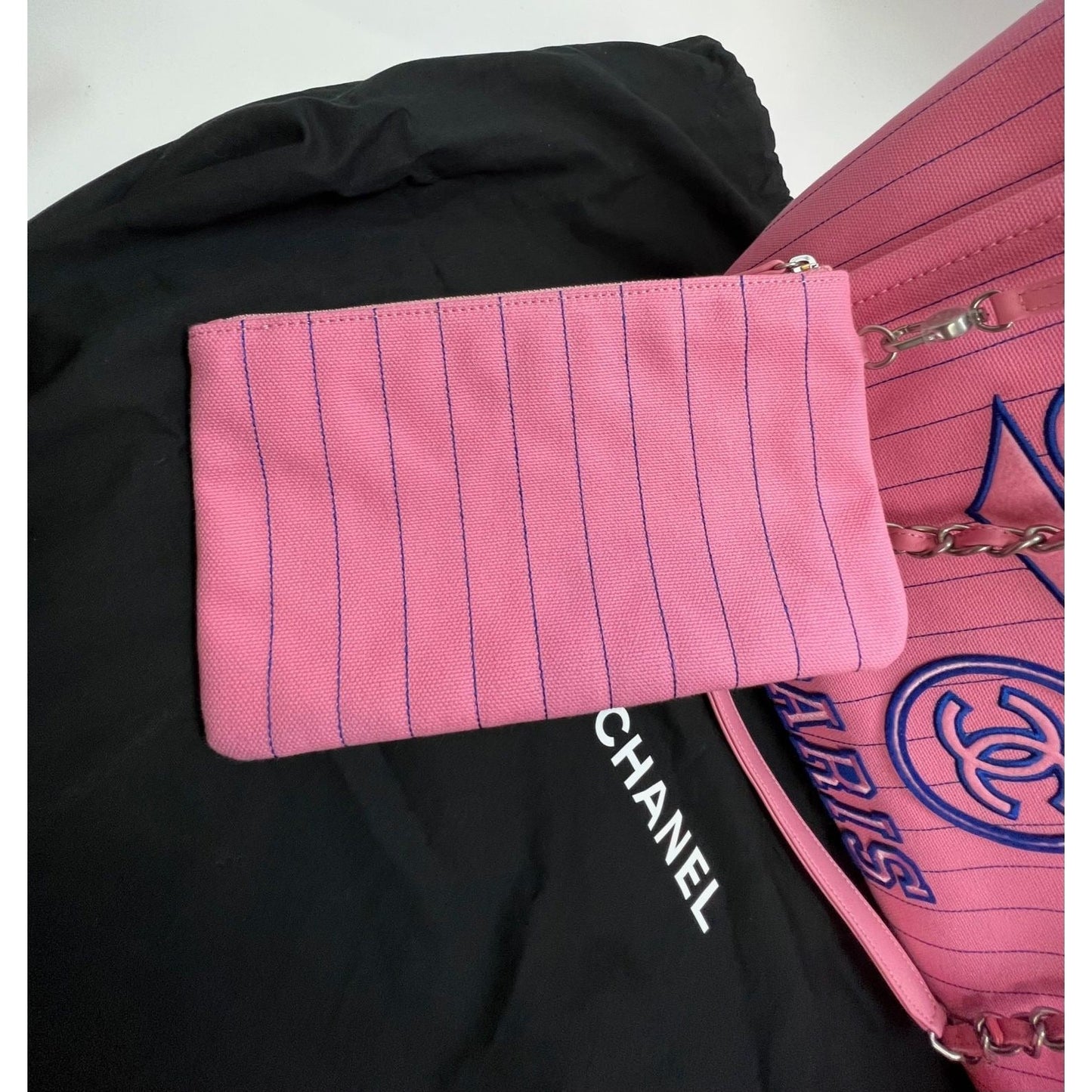 Chanel Canvas Calfskin Striped Medium Deauville Pink Tote