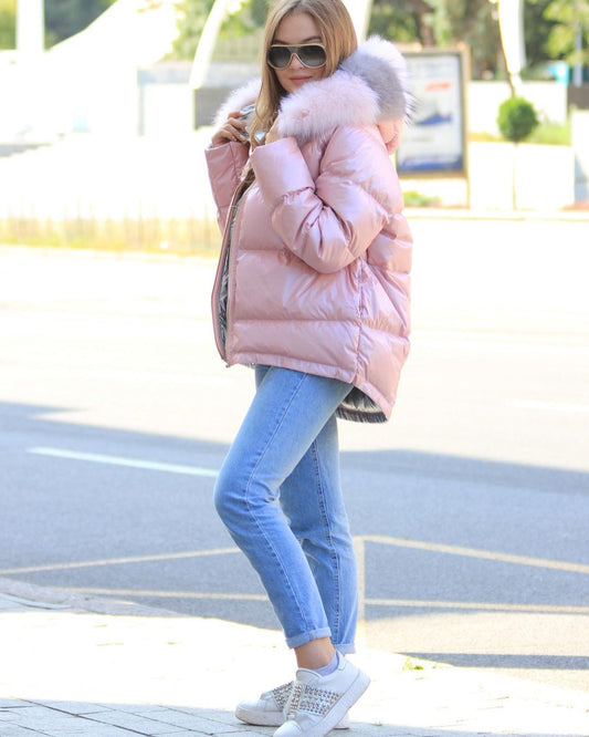 ⇆ Nicole Genuine Polar Fox Reversible Down Coat