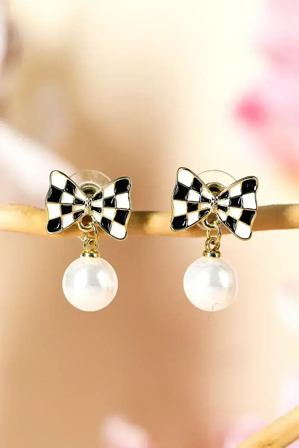 Black Checkered Bow Earrings | Pearl Drop Dangle Earrings - Femstylo