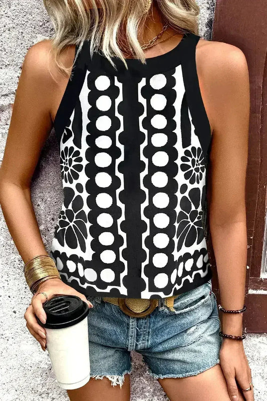 Black Geometric Print Sleeveless Top