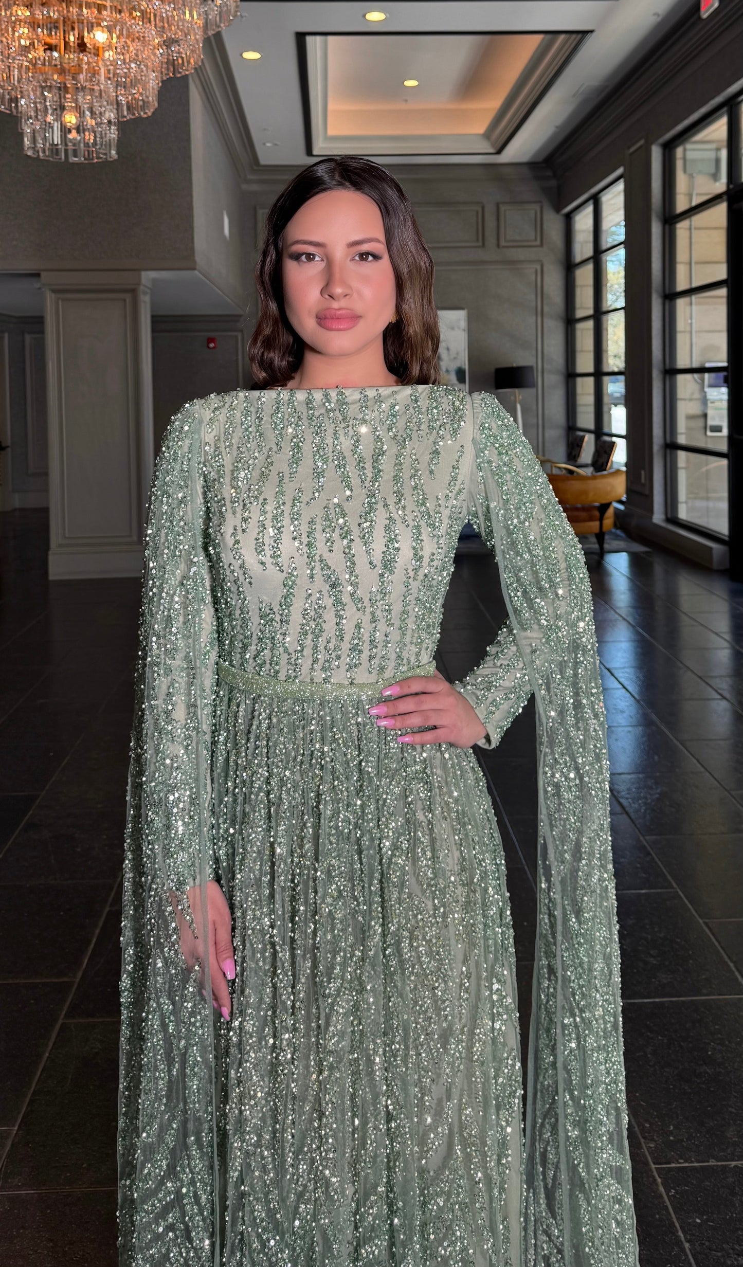 Nilah Modest A-Line Embellished Cape Sleeve Dress