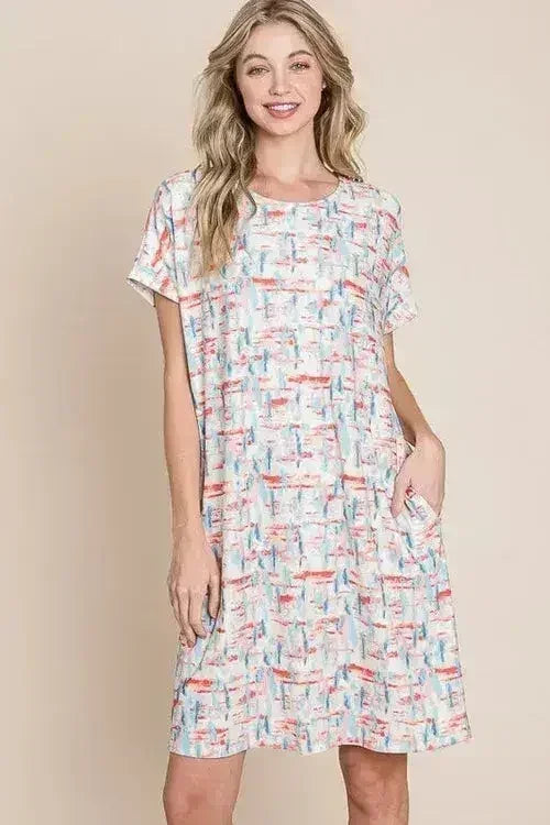 BOMBOM Printed Tee Dress - Casual Short Sleeve | Femstylo
