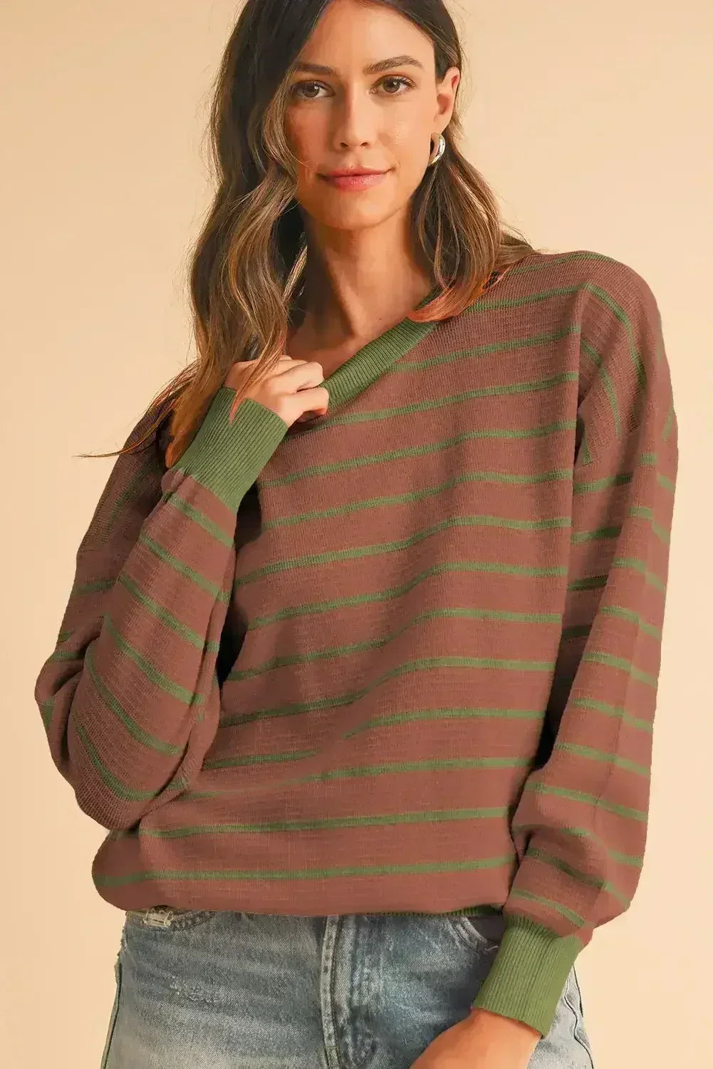 Pink Stripe Round Neck Drop Shoulder Loose Sweater
