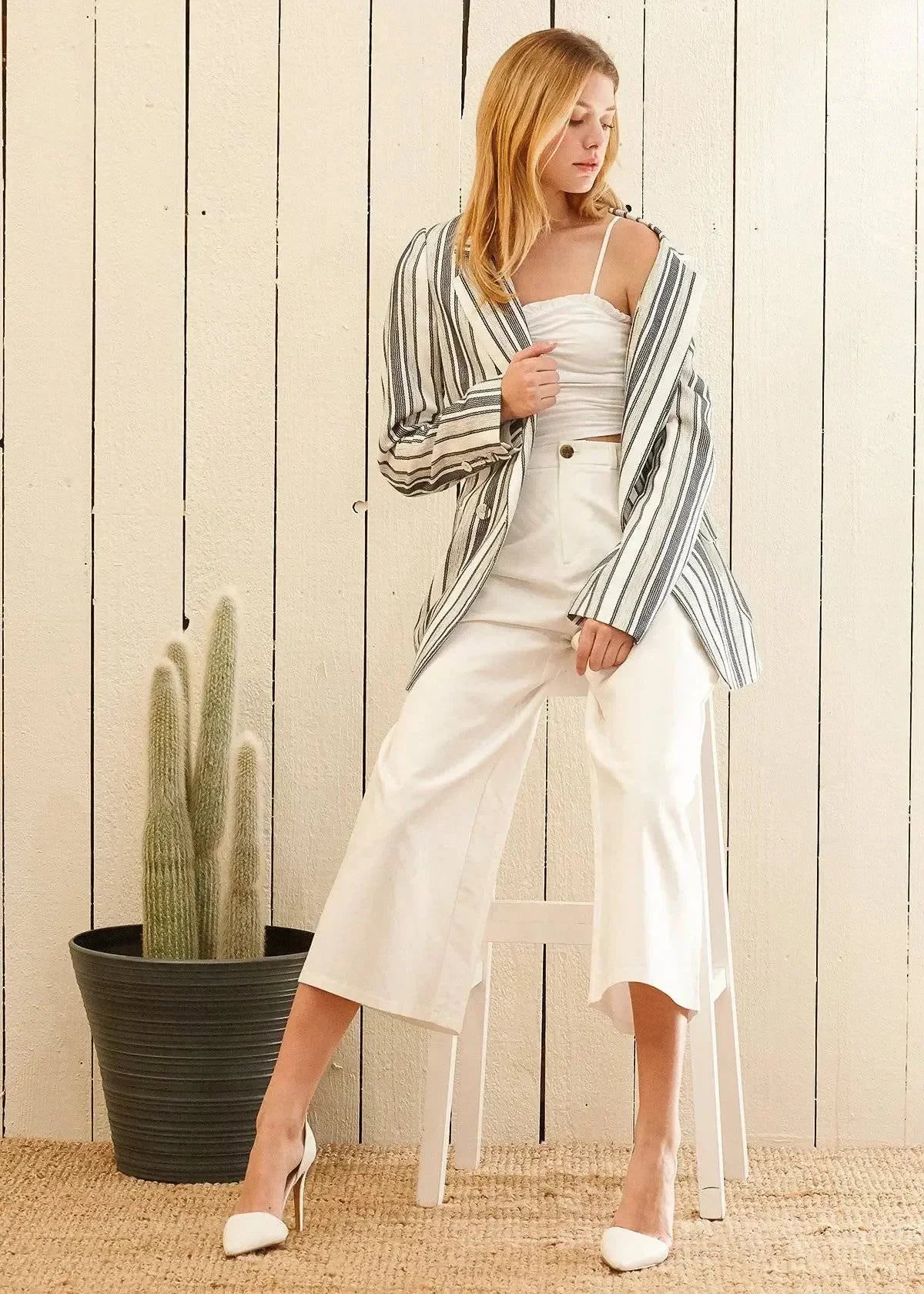 Blue White Stripe Blazer | Double Breasted Tweed Jacket - Femstylo