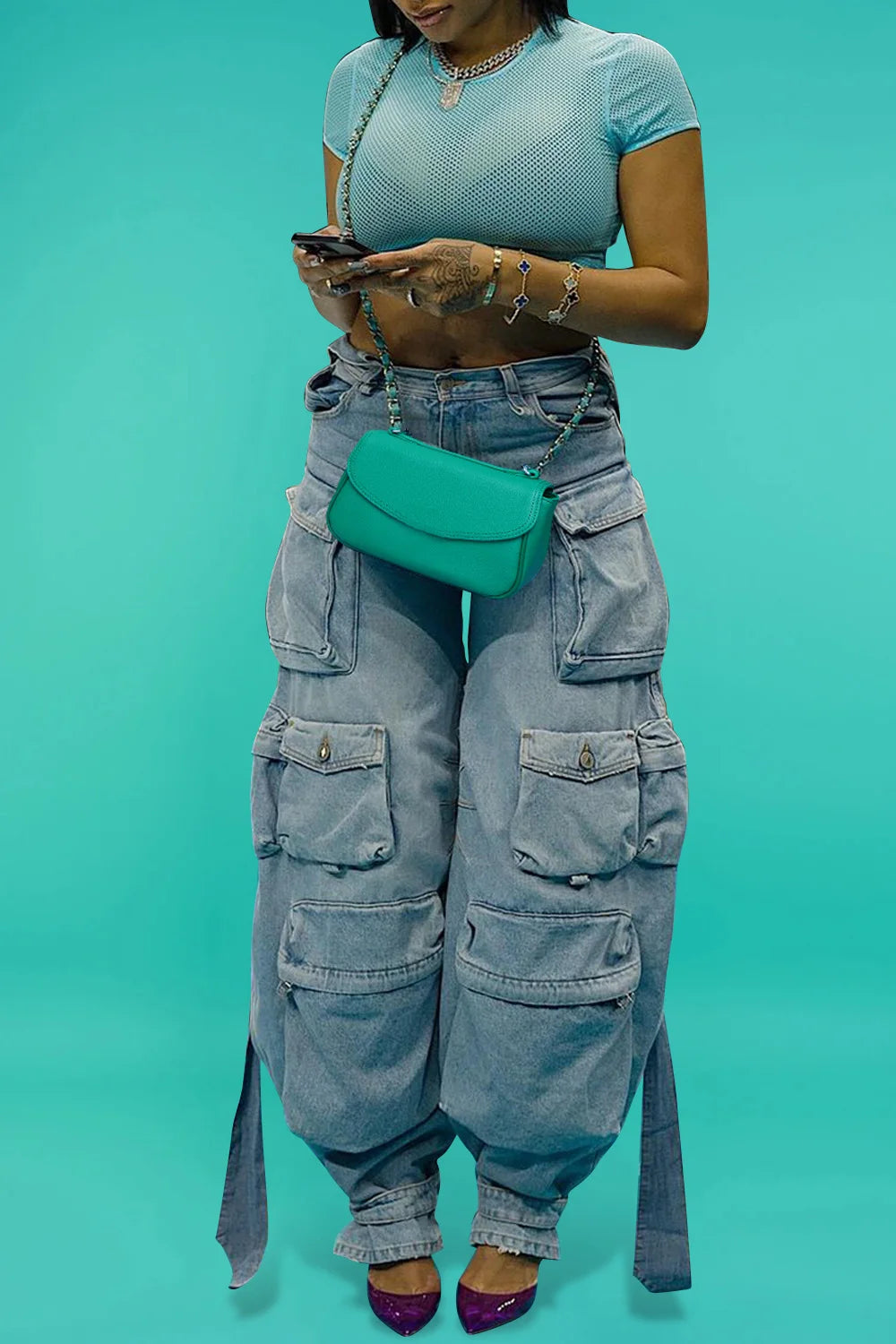 Jean cargo taille haute bleu clair grande taille pour le printemps et l'été, pantalon ample décontracté en denim Harajuku 