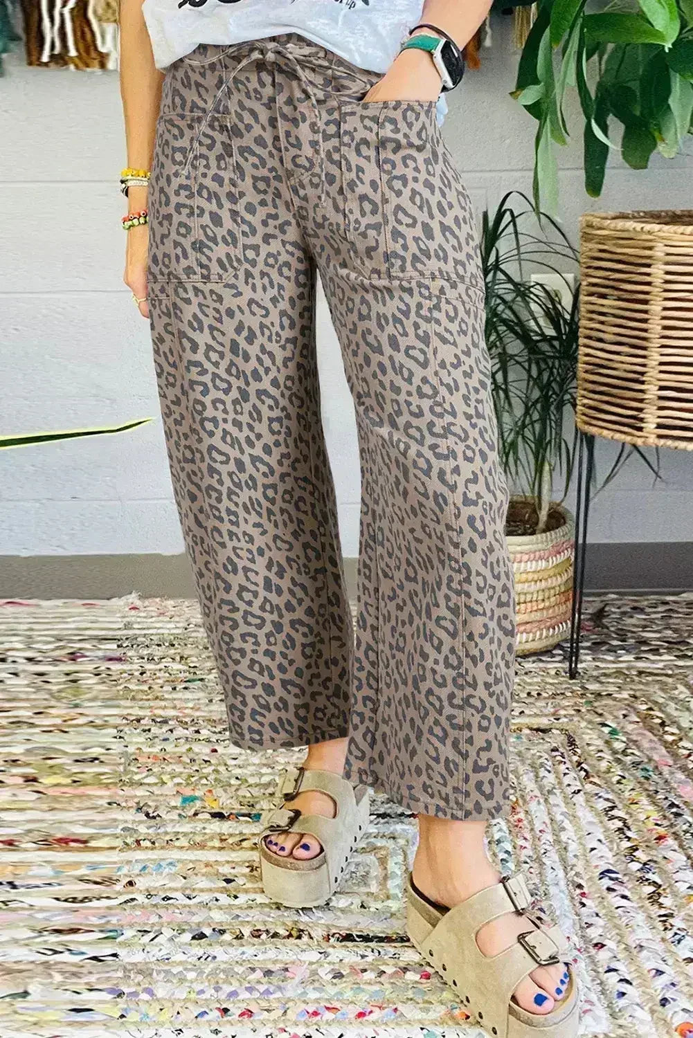 Blue Leopard Print Drawstring Waist Pocketed Wide Leg Jeans