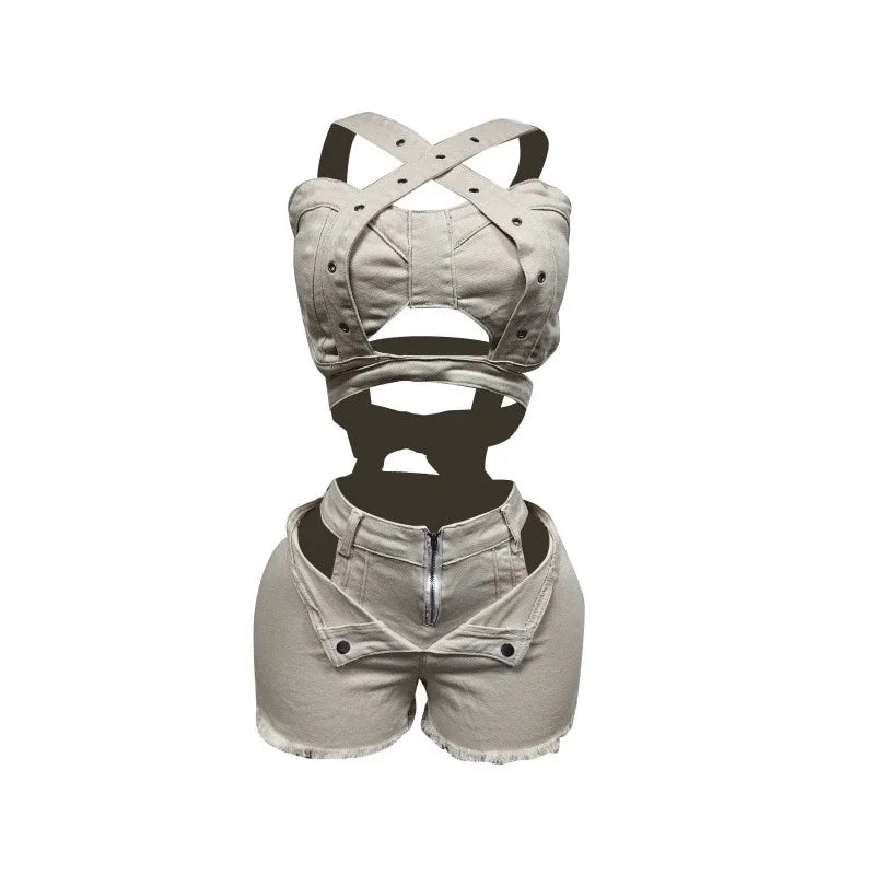 Sexy Jean 2 Piece Sets Women Outfit Summer Clothes Women 2024 Strapless Hollow Out Vest Top + Shorts Sets Street Denim Woman Set