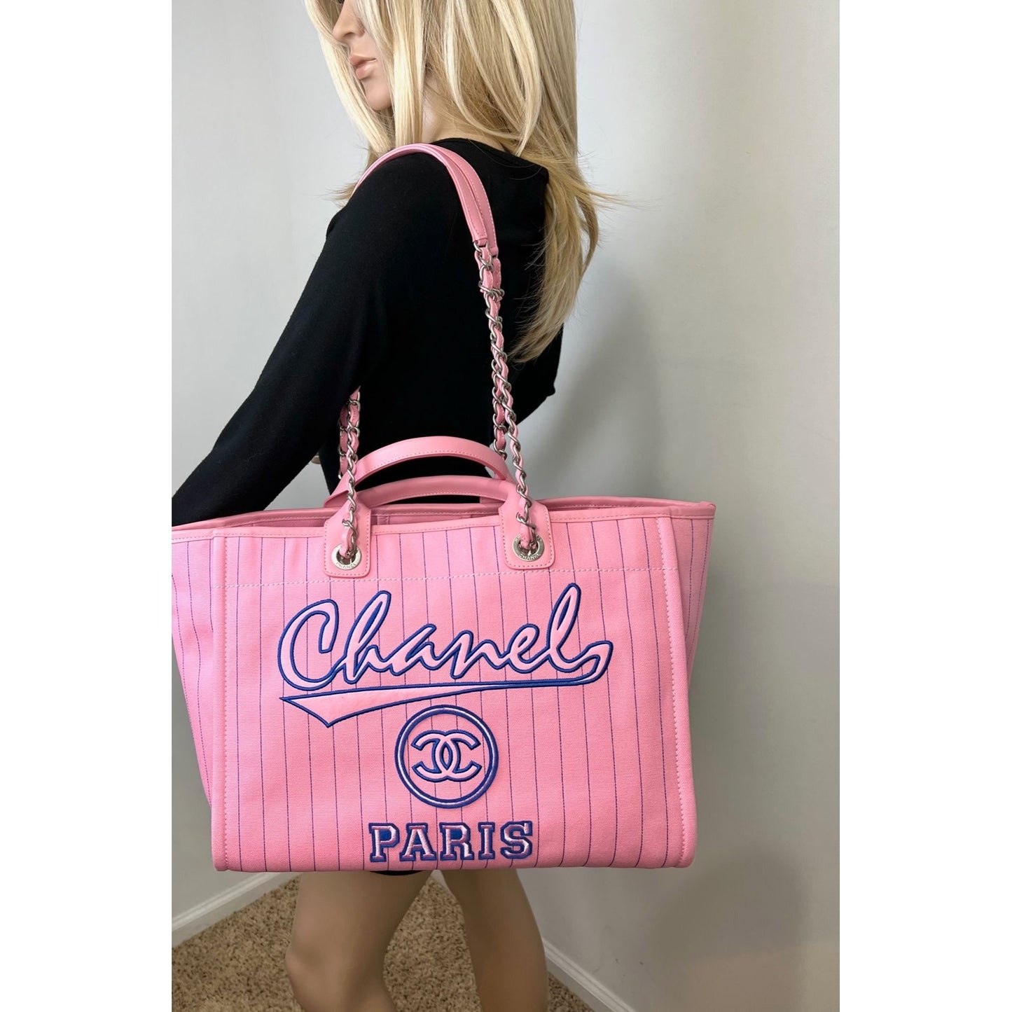 Chanel Canvas Calfskin Striped Medium Deauville Pink Tote