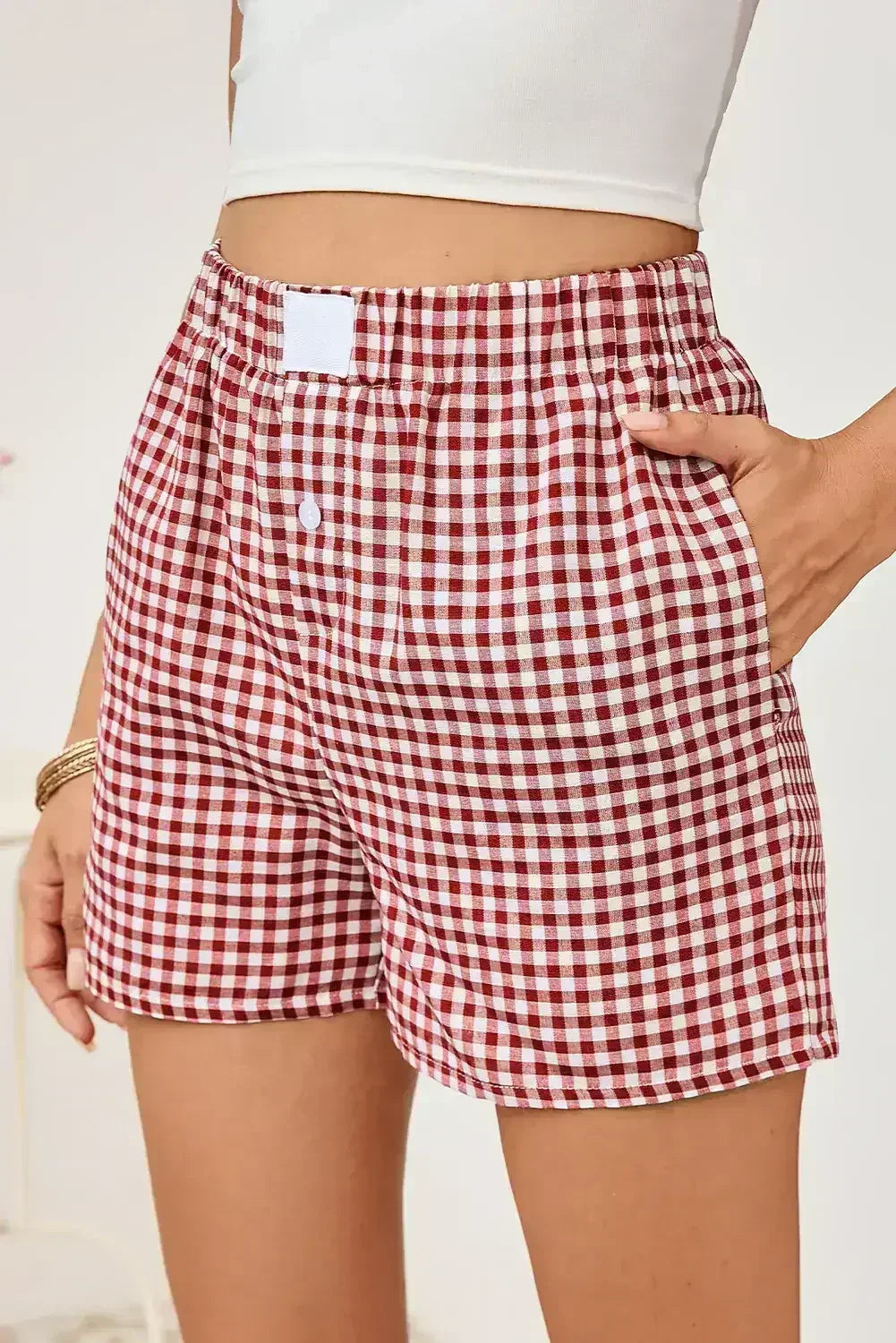 Blue Vintage Gingham Print High Waisted Loose Shorts