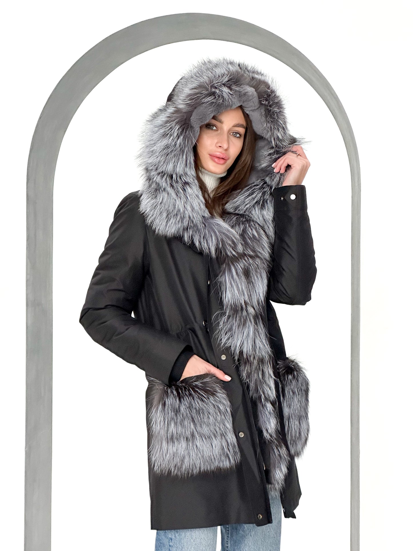 Roma Genuine Silver Fox Fur Rabbit Fur Insulated Parka in Red