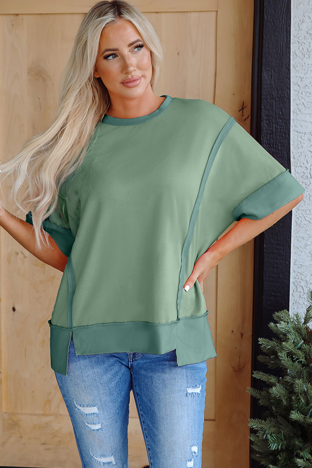 Mikaela Half Sleeve Raw Seam Split Top