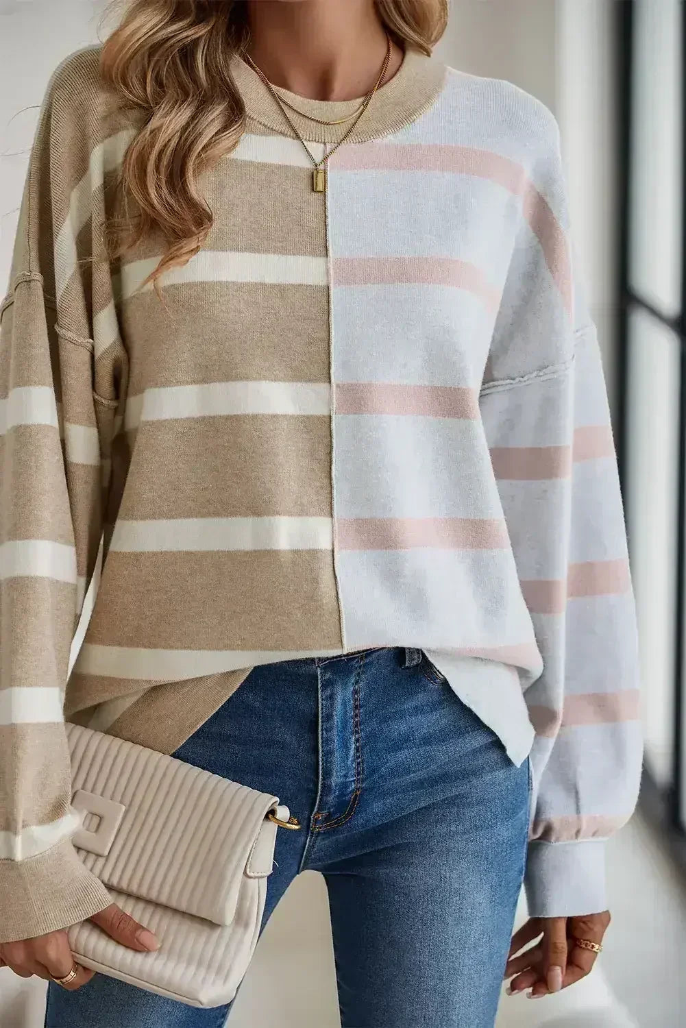Pink Striped Patchwork Drop Shoulder Sweater