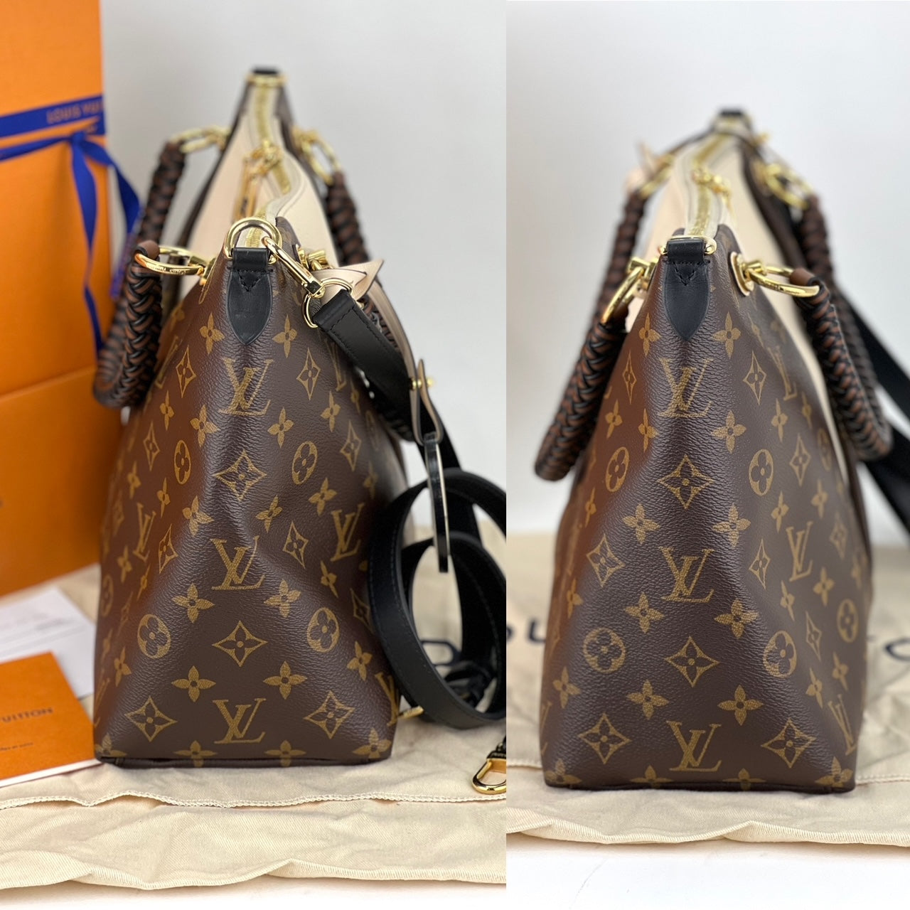 Louis Vuitton Monogram Braided V Tote MM White Leather Shoulder Hand Bag