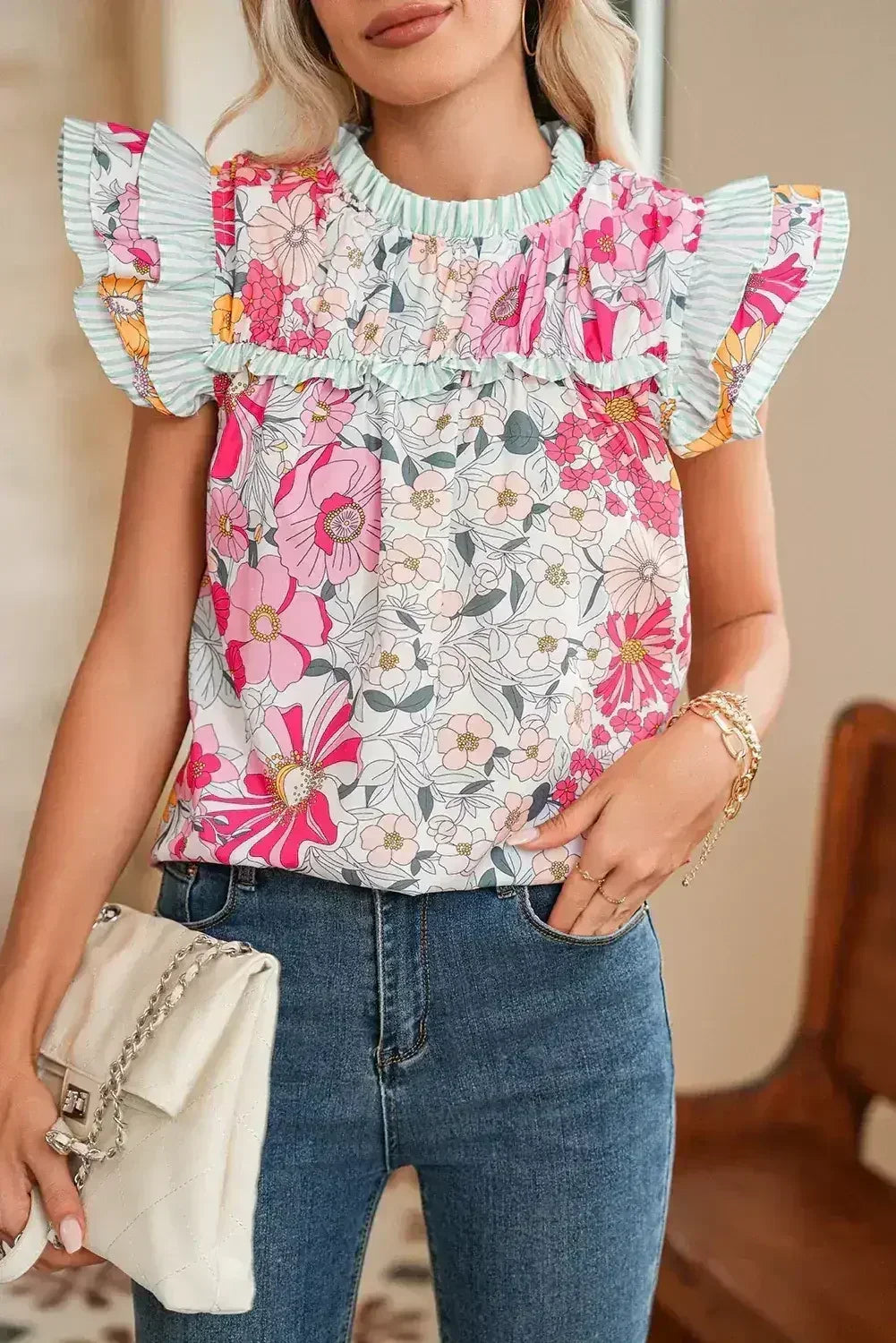 Pink Floral Print Ruffle Trim Pleated Boho Blouse | Femstylo