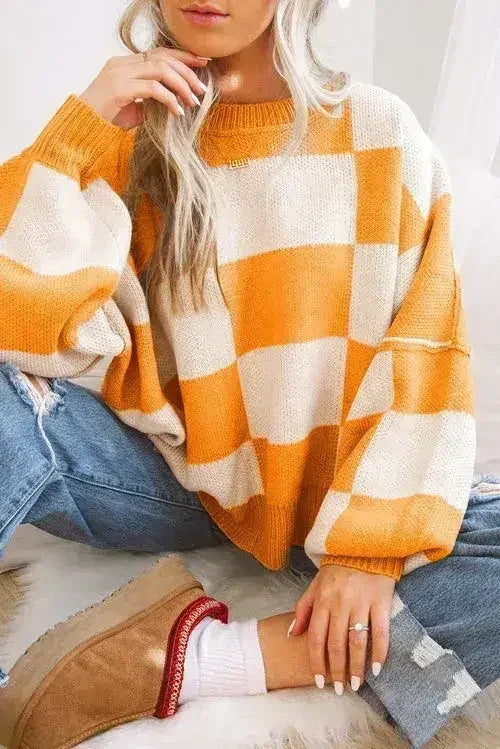 Orange Checkered Bishop Sleeve Sweater - Femstylo