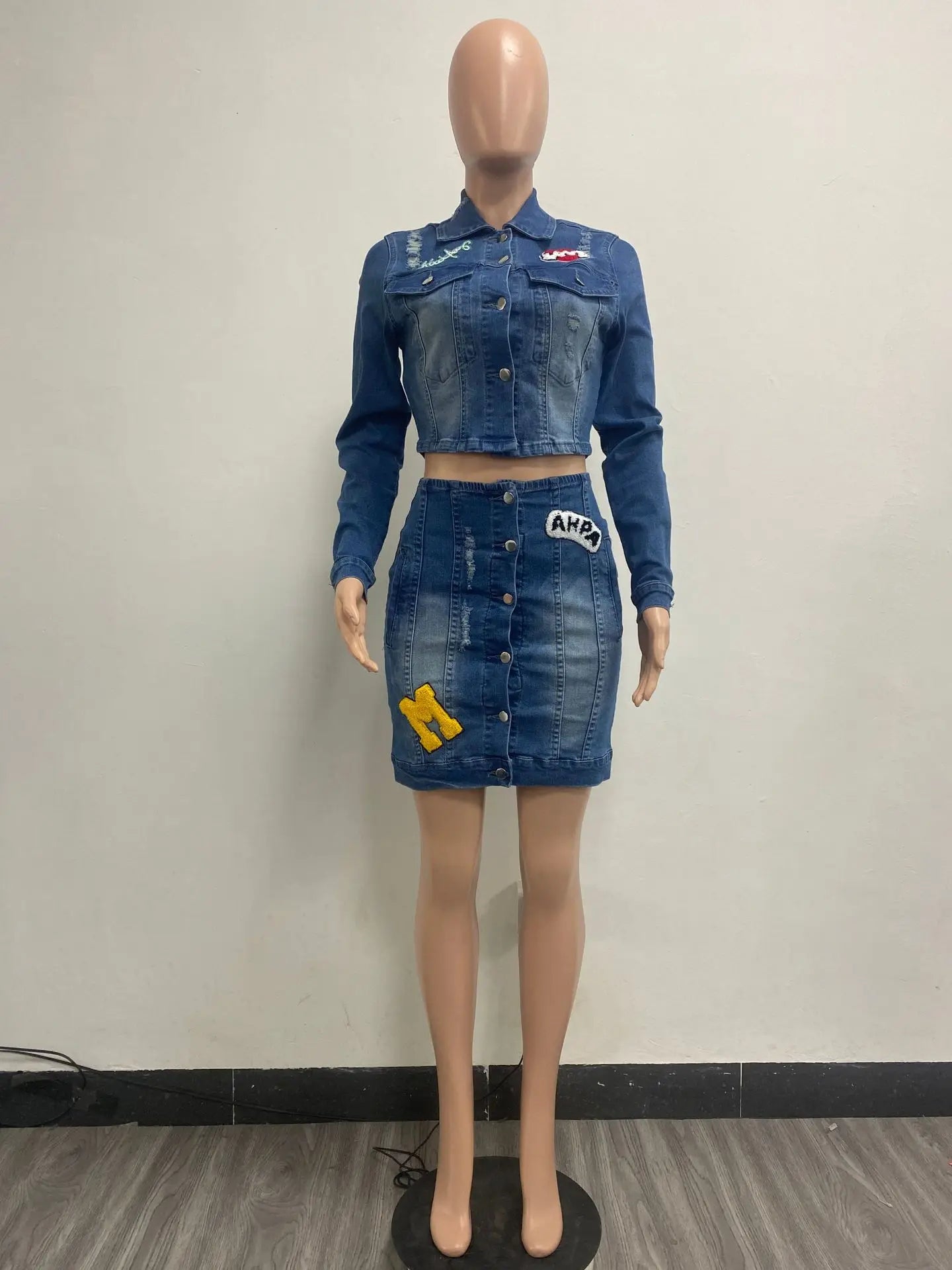 Embroidery Women Denim 2 Piece Set Button Up Jackets High Waist Jeans Skirts Matching Set 2024 Summer Streetwear Club Outfits