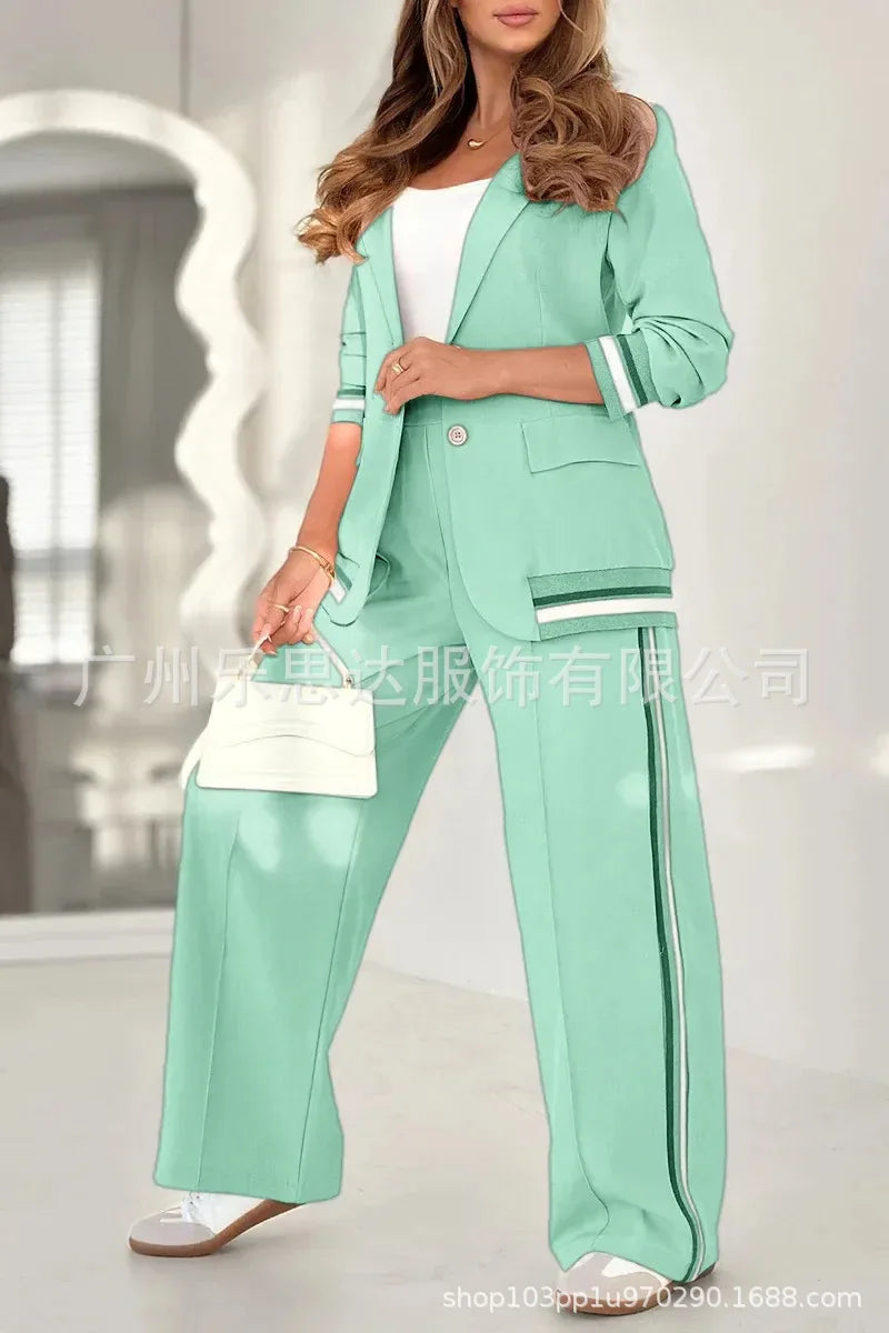 Women Suit Jacket 2 Piece Sets Striped Blazer Coat Turn Down Collar Single Breasted Wide Leg Pants Ensemble Office Lady Outfits