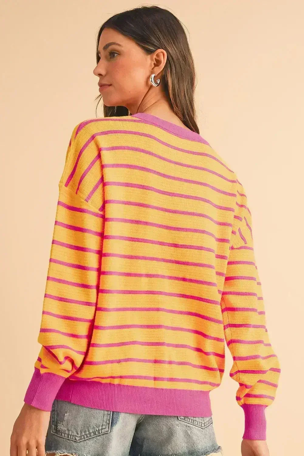 Pink Stripe Round Neck Drop Shoulder Loose Sweater