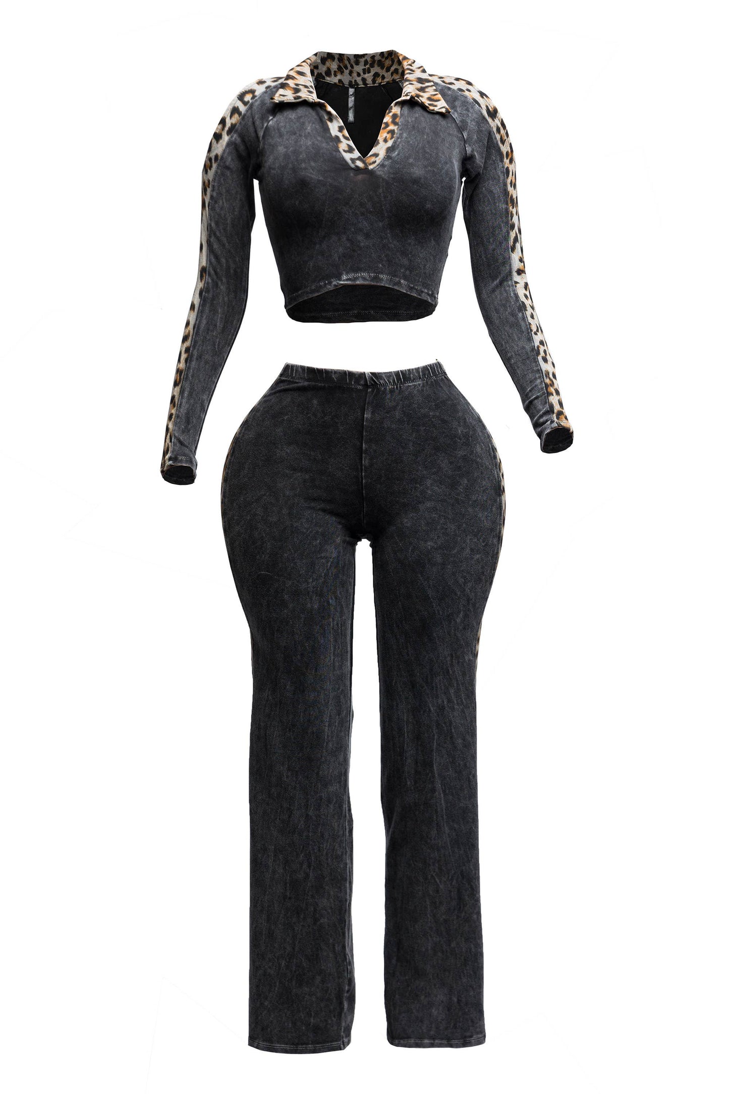 Maya Curvy Mineral Washed Crop Top & Stretch Pull-On Pants Set Leopard Contrast