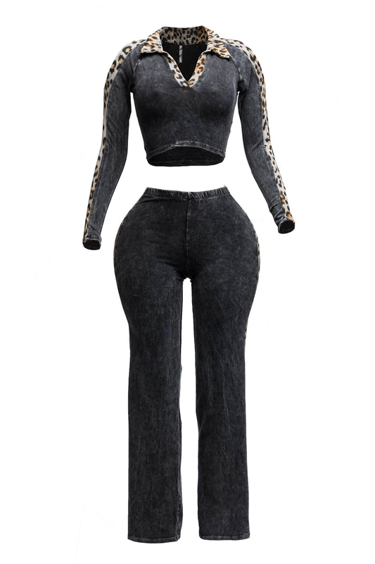 Maya Curvy Mineral Washed Crop Top & Stretch Pull-On Pants Set Leopard Contrast